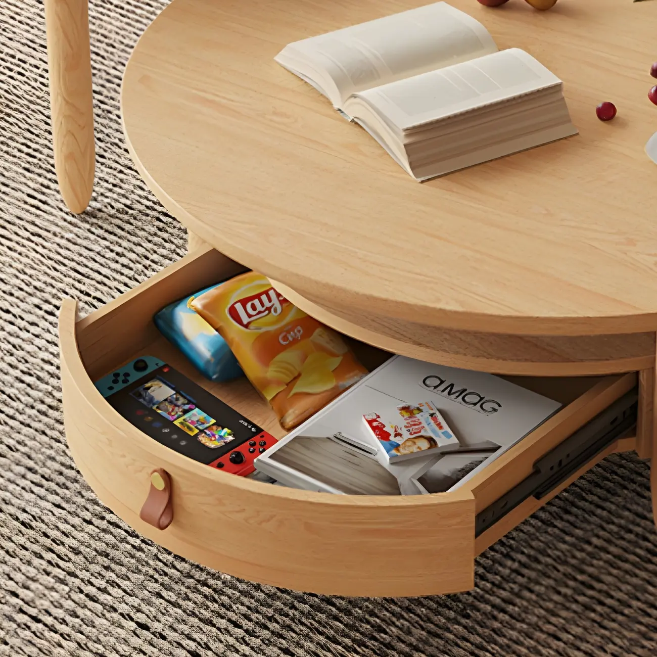 Brown Round Modern Wood Glass Drawer Coffee Table