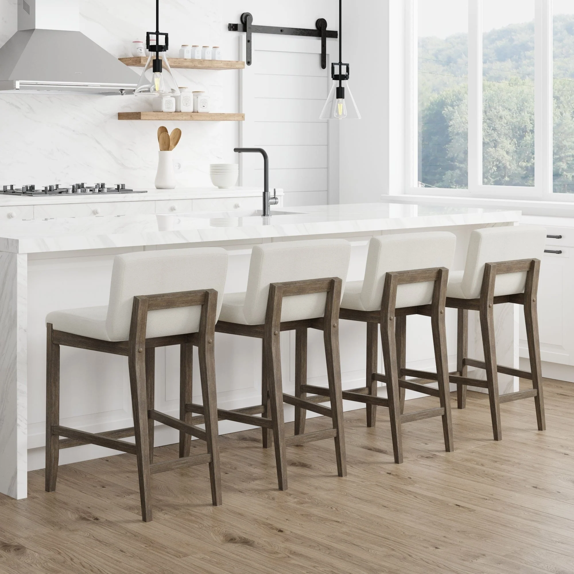 Gracie Modern Bar Stool, Boucle Upholstered Chair and Brushed Wooden Legs