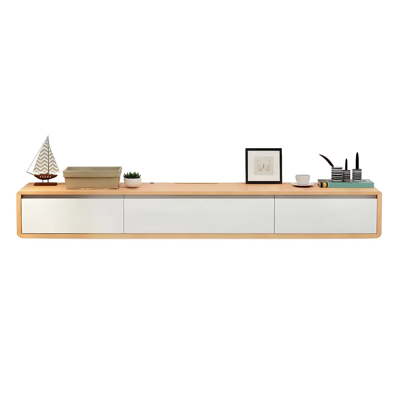 White Floating Mount Wood Drawers Cabinet TV Stand