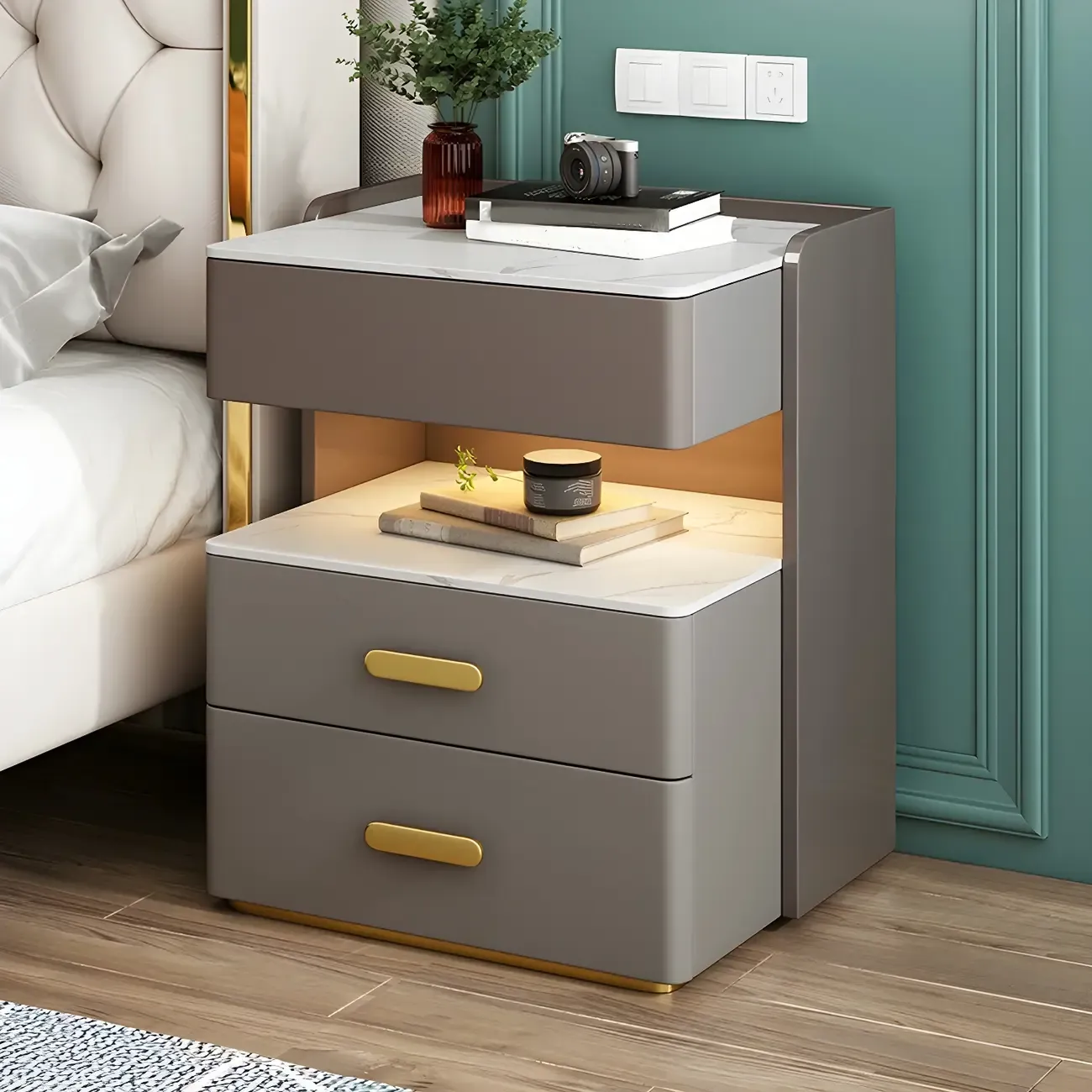Modern Grey Bedside Table with Drawers and Stone Top