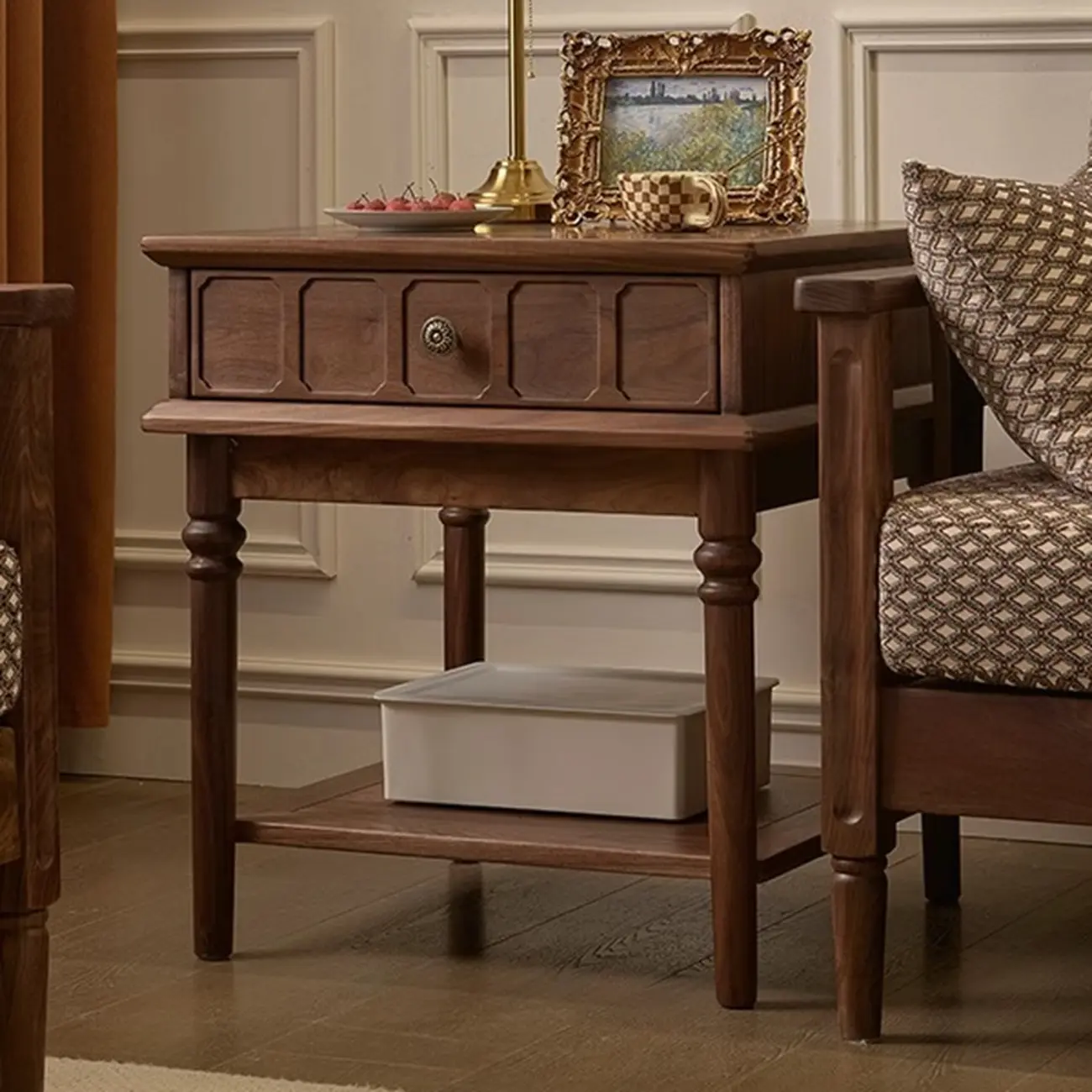 Mid-century Modern Square Walnut Wood End Table with Drawer