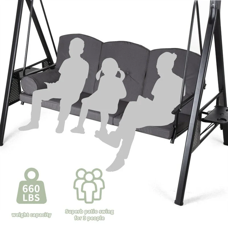 3-Person Metal Patio Swing with Canopy and Cushions - N/A