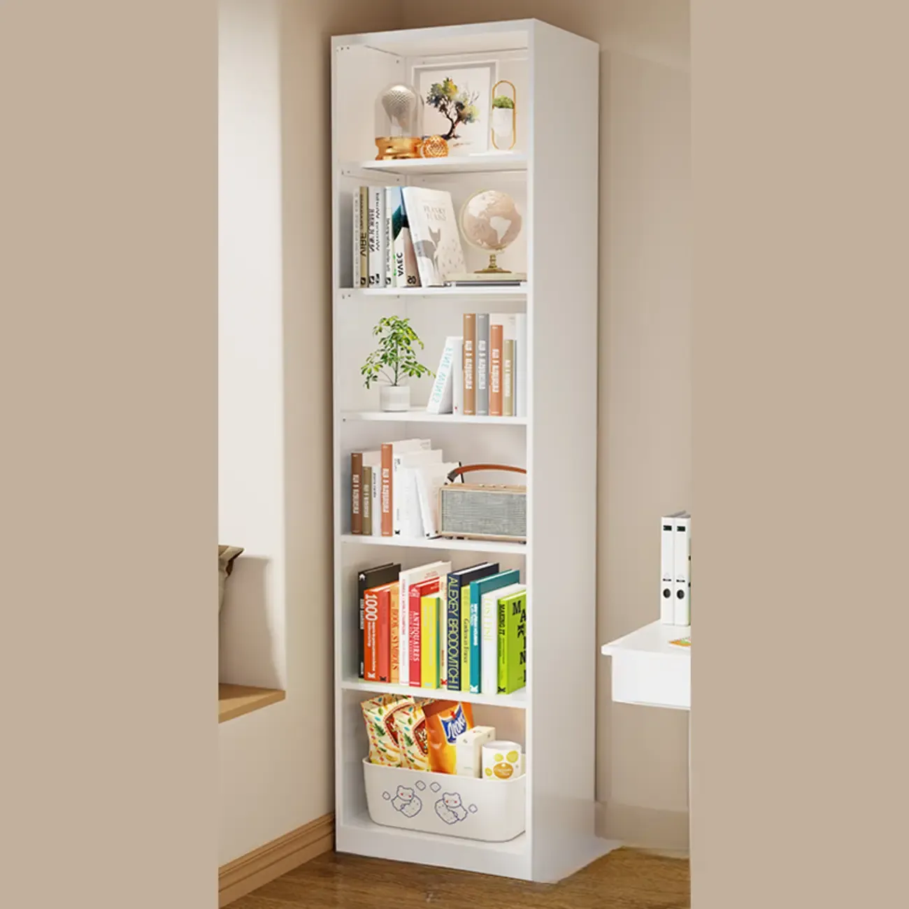 Narrow White Wooden Closed Back Tall Bookshelves