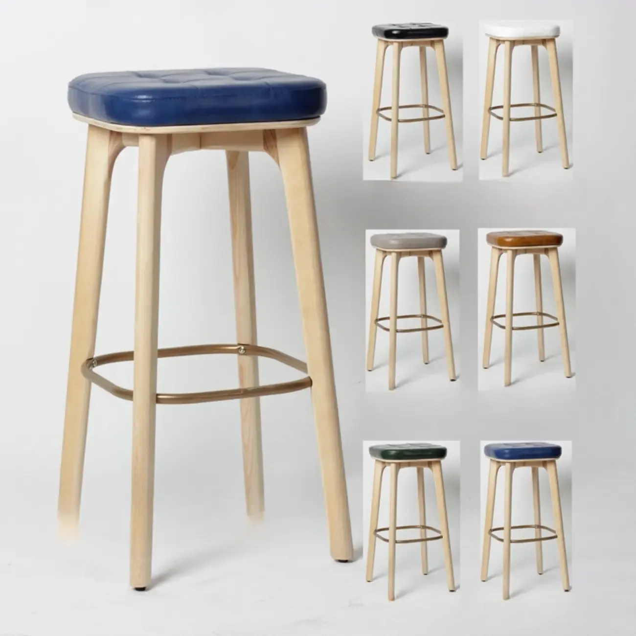 Scandinavian Wood Tufted Leatherette Bar Stools Backless