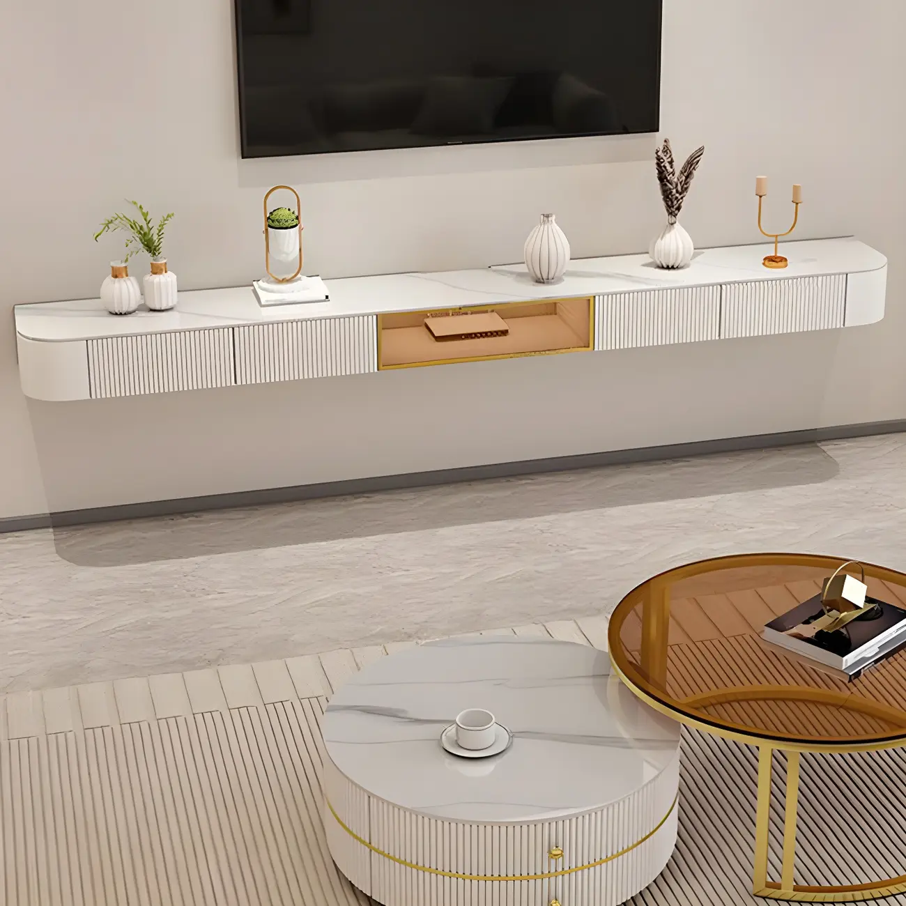 79 White Stone Floating TV Stand with Drawer & Cabinet