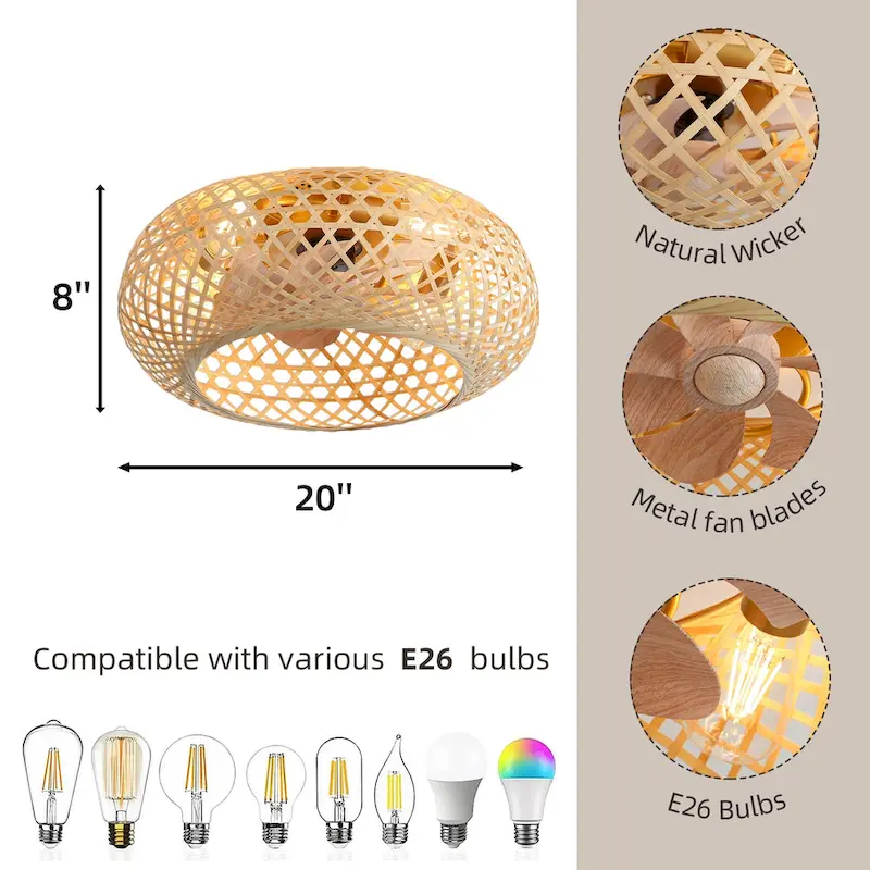 20  Rustic Style Bamboo Woven Ceiling Fan with Lights