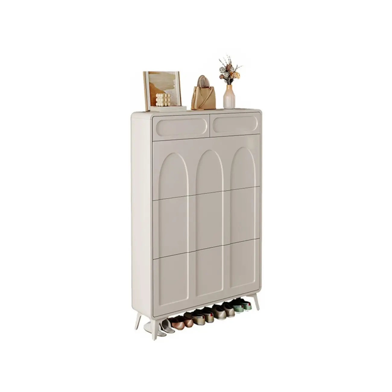Vertical Slim White Wooden Drop Front Shoe Cabinet