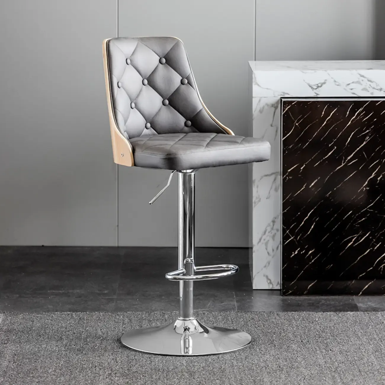 Modern Adjustable Full Back Tufted Leather Bar Stool