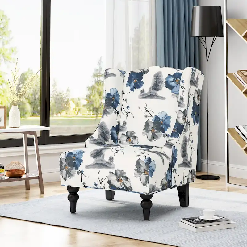 Beige +Blue Flower 28 High-Back Club Chair with Birch Legs