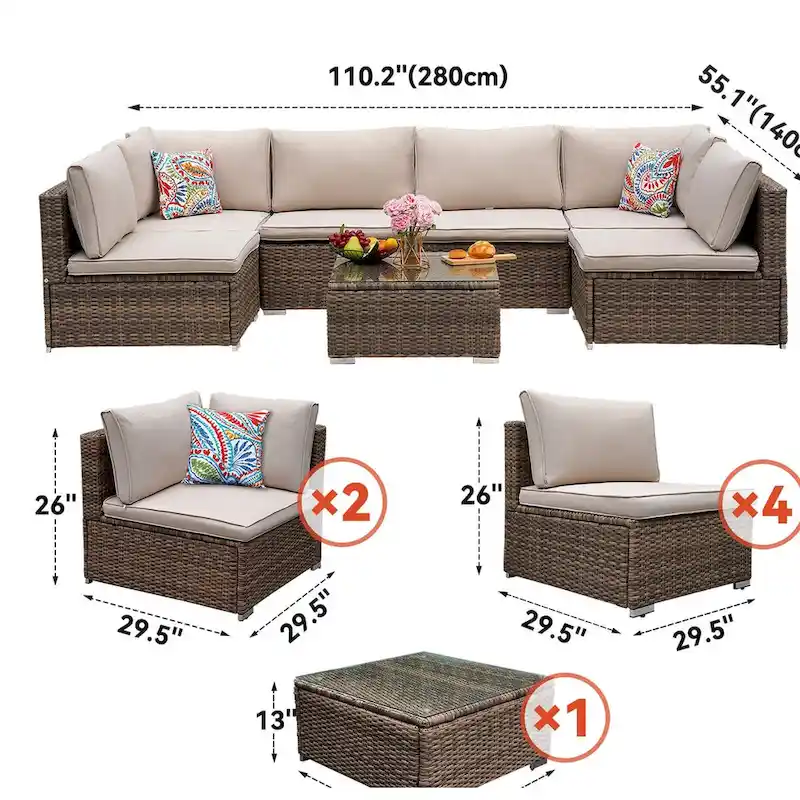 7-Piece Wicker Patio Conversation Set with Cushions and Glass Table