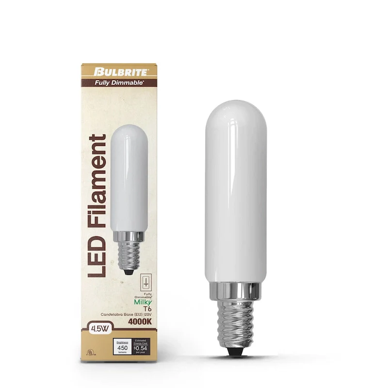 Bulbrite LED Filament Pack of (4) 4.5 Watt Dimmable T6 Light Bulbs with a Milky Finish and Candelabra (E12) Base