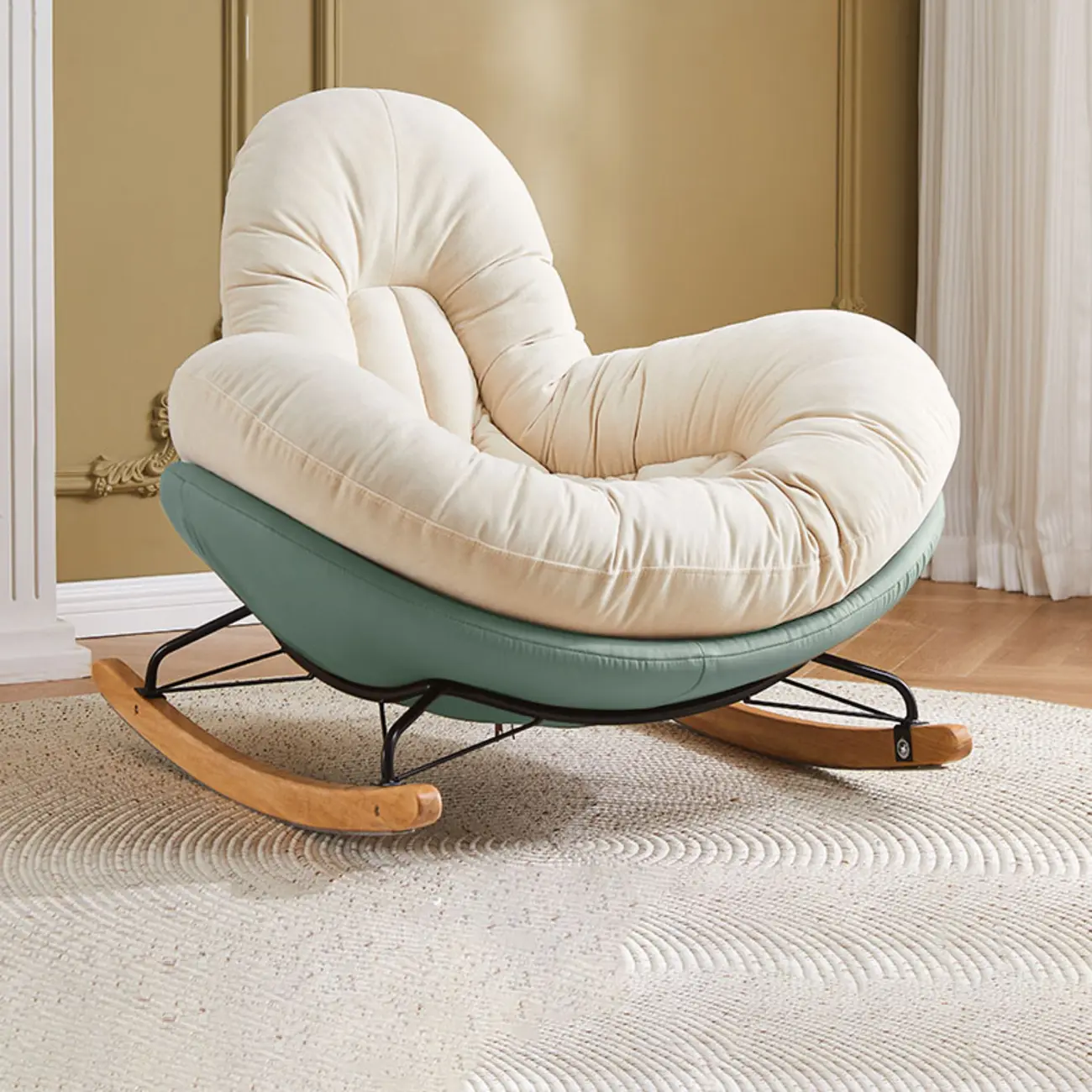 Wide Seat Upholstered Rocking Chair in Beige with Ottoman