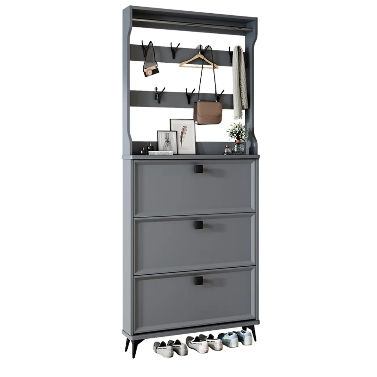 Drop-Front Adjustable Modern White Wood Narrow Shoe Cabinet