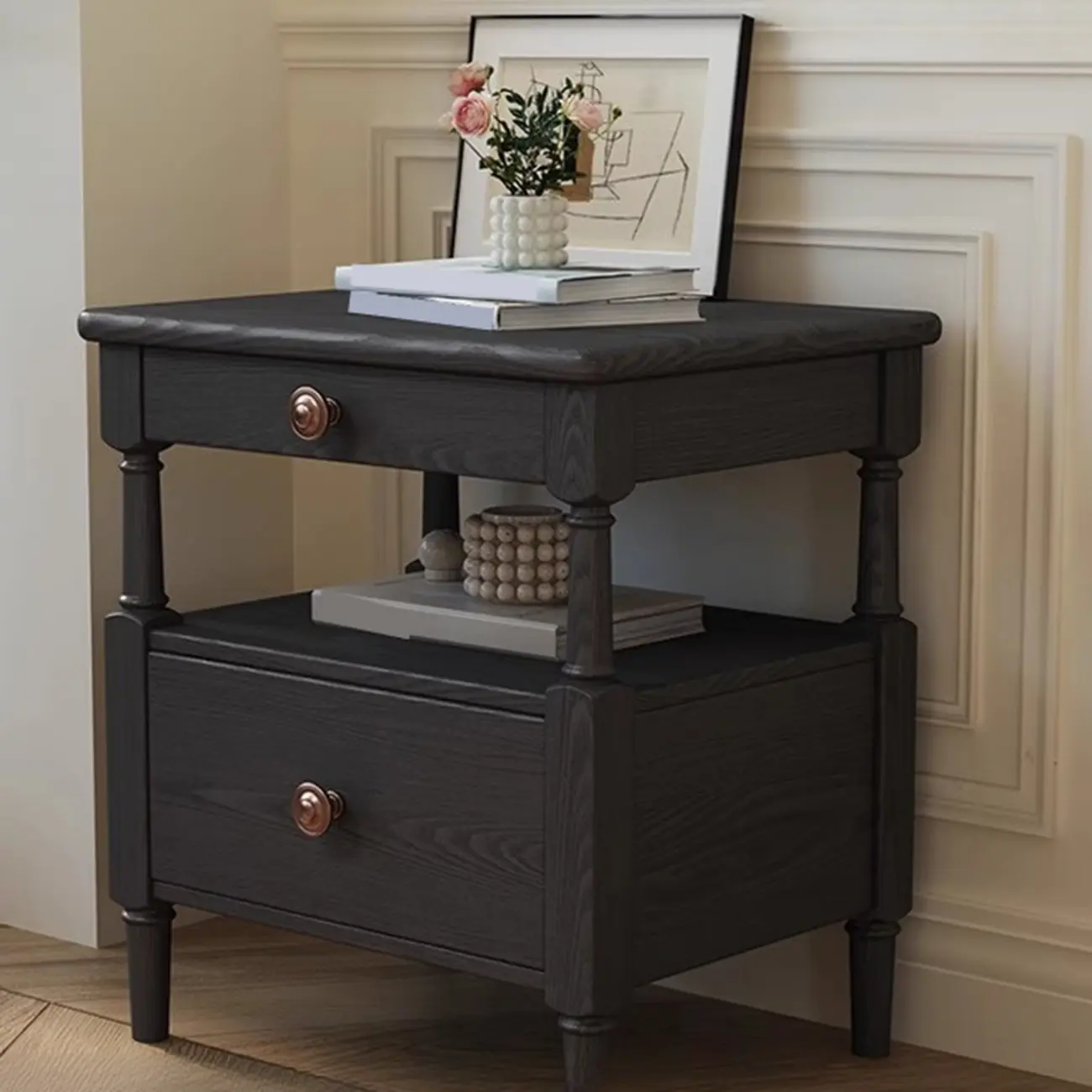Classic Rectangular 3 Layers Wood Black Nightstand