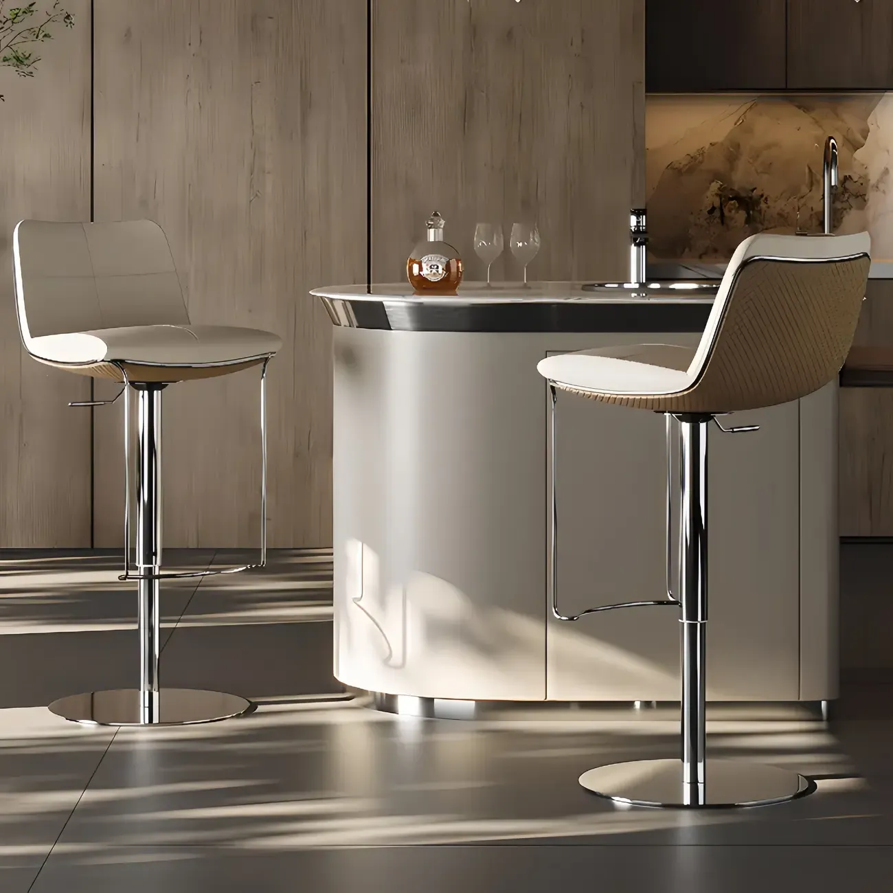 Modern White Leather Square Upholstered Swivel Bar Stools