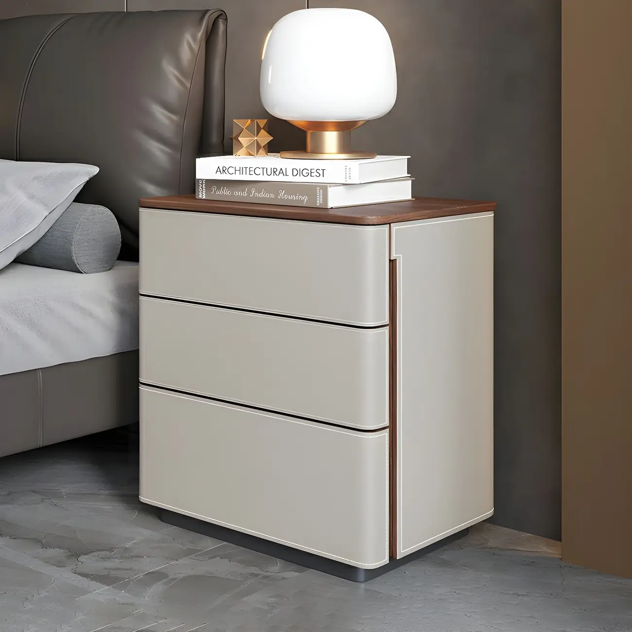 Modern Faux Leather Wood Top Drawers Nightstand