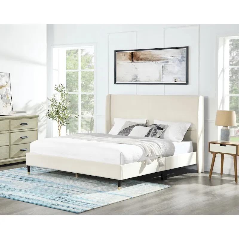 Beige Queen Size Style Platform Bed with Wingback Velvet Headboard