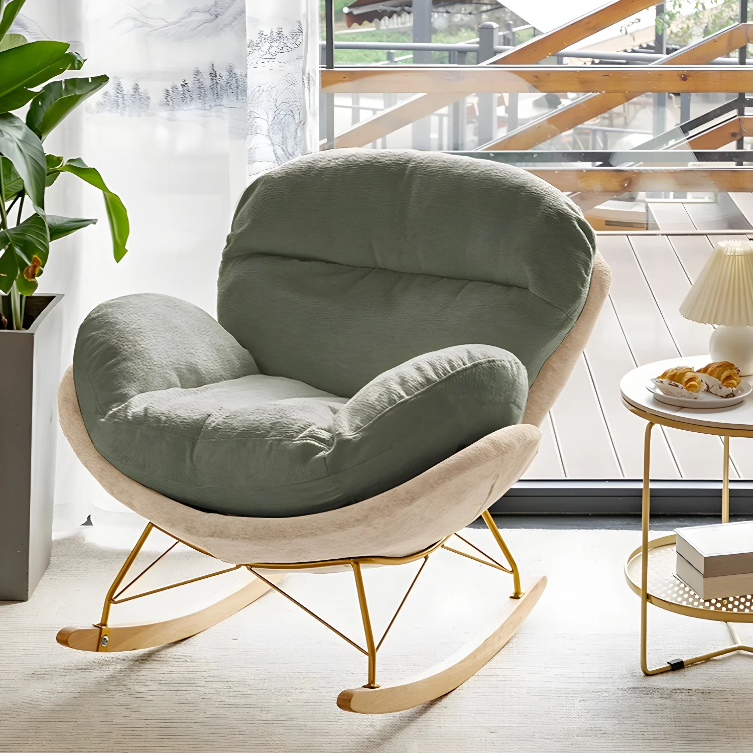 Modern Velvet Upholstered Rocking Chair with Wood Legs