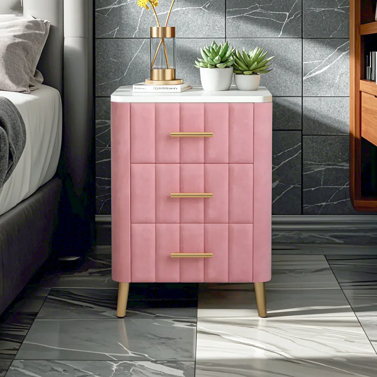 Glam Pink Leather Bedside Table with Marble Top 3 Drawers