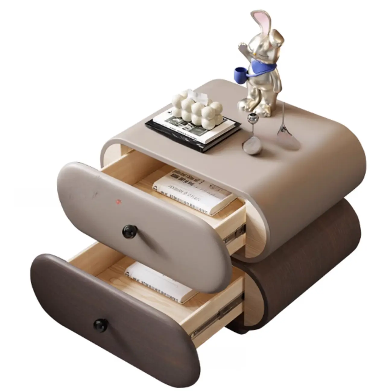 Modern Leather Wood Dual-Tone Drawers Nightstand