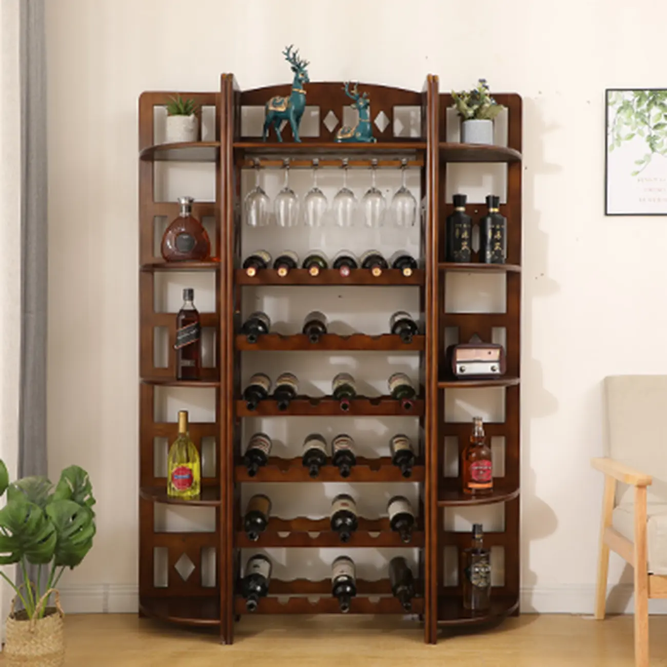 Free Standing Pine Wood Wine Racks with Bar Glass Holder Shelf