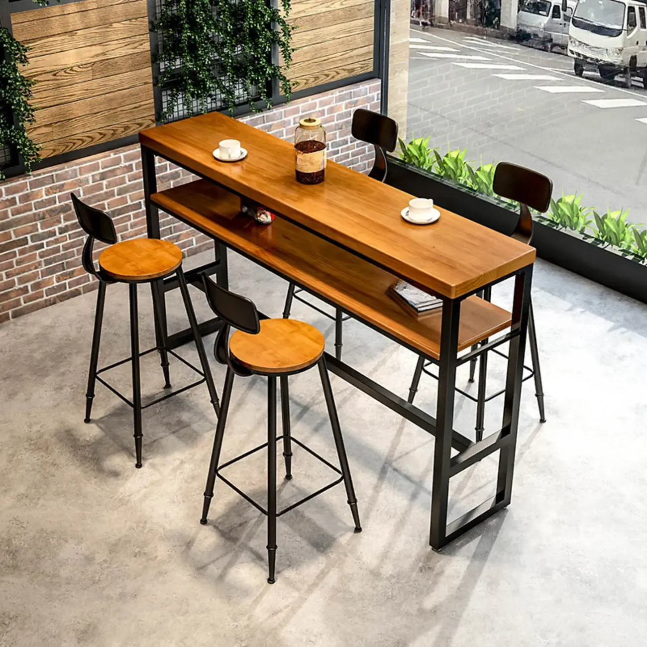 Modern Brown Wooden Metal Sled Shelf Bar Tables with Footrest