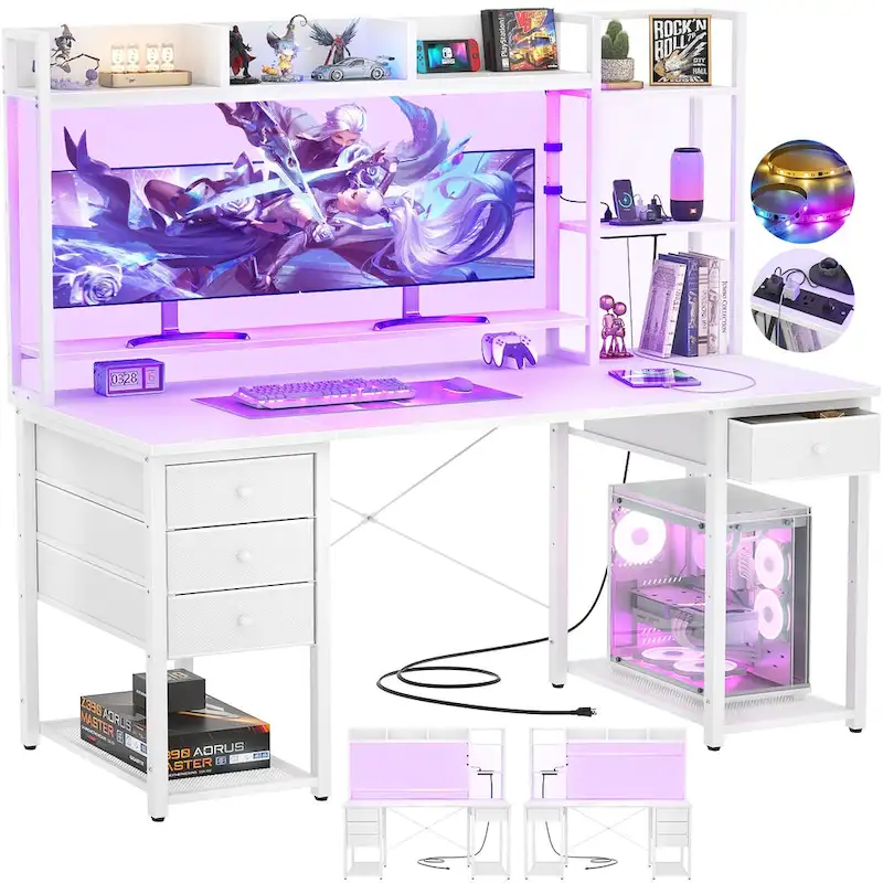 Gaming Desk with Hutch and Drawers, Office Computer Desk with Charge Station and LED Light
