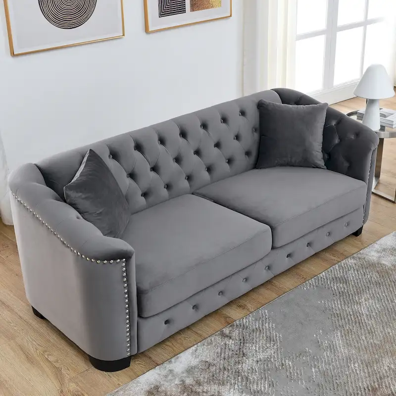 Grey 77 Modern Velvet 3-Seater Sofa with Tufted Backrests and Nailhead Trim