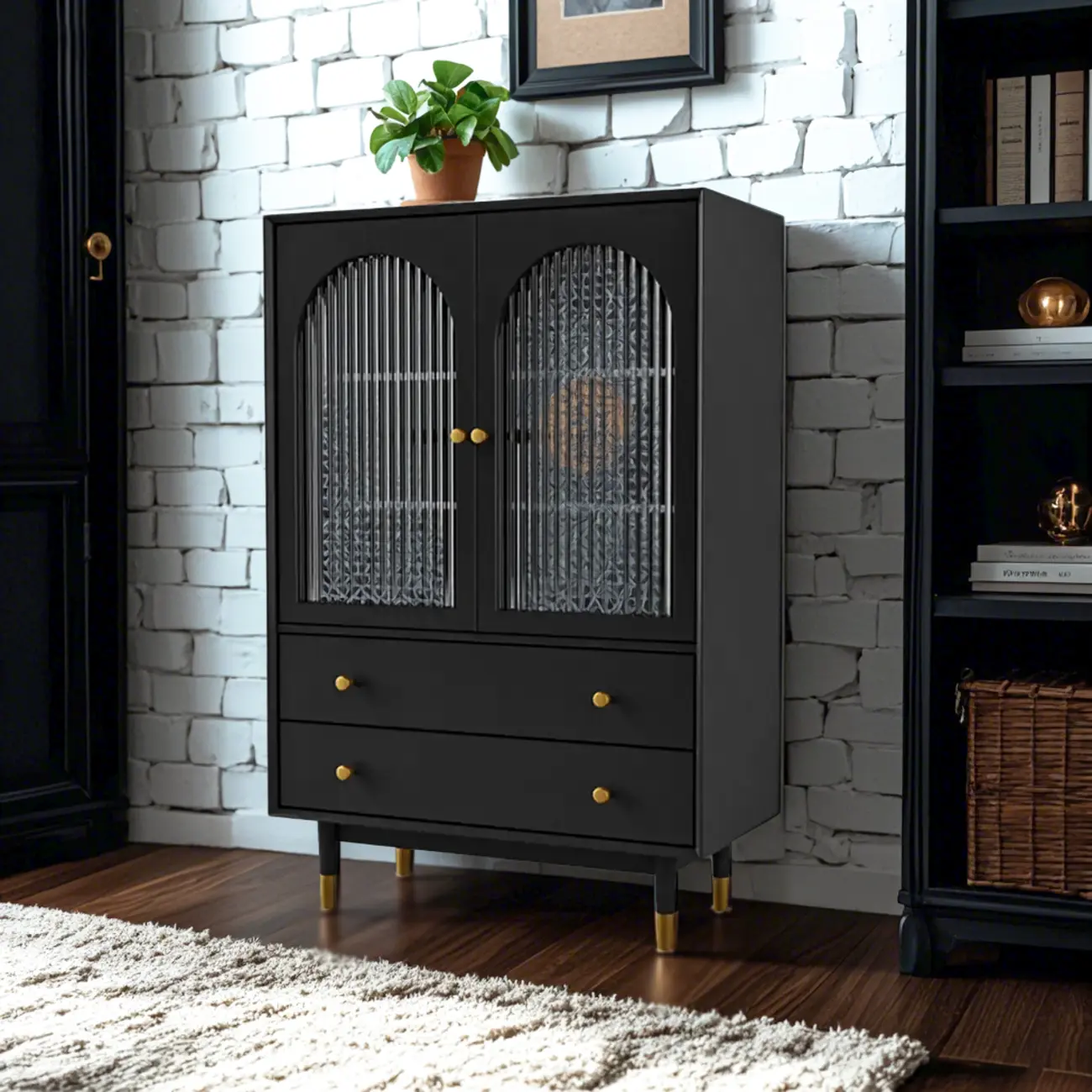 Modern Beige Solid Wood Accent Cabinet with 2 Drawers