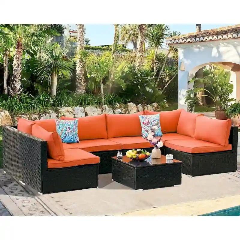 7-Piece Wicker Patio Conversation Set with Cushions and Glass Table