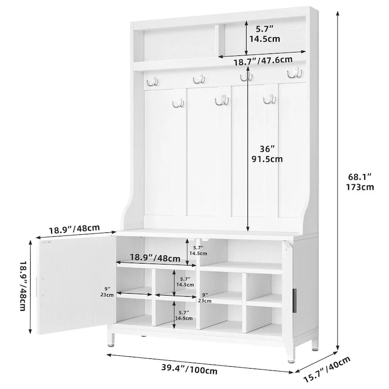 Moasis Entryway Coat Rack Shoe Bench Set, Farmhouse 7 Hooks Hall Tree Coat Shoe Rack