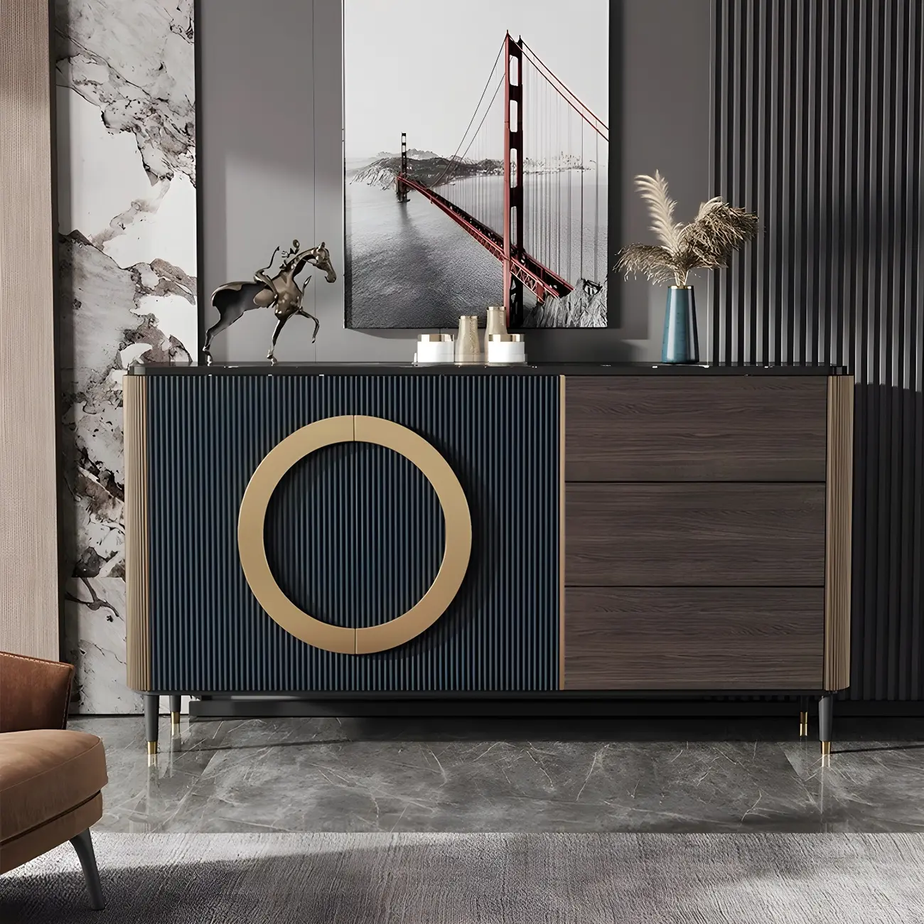 Glam Espresso Wood Buffet Table with Drawers & Cabinets