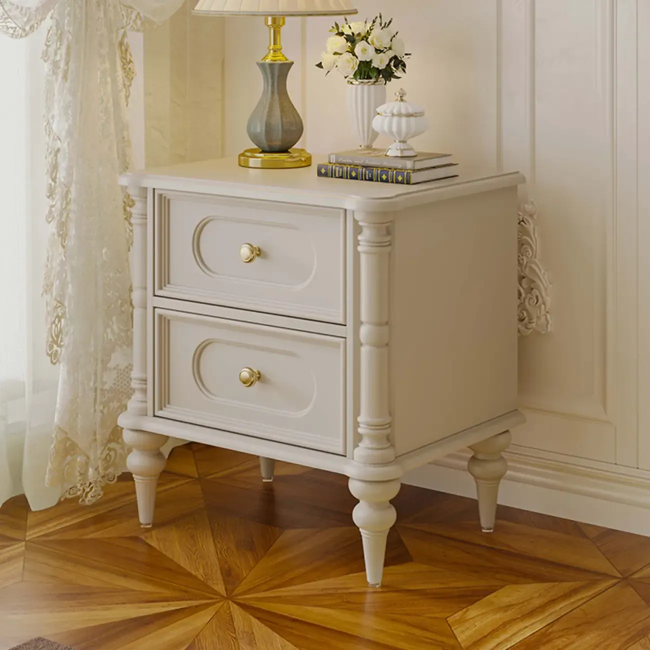 Traditional Black Wood 2 Tiers Drawer Nightstand