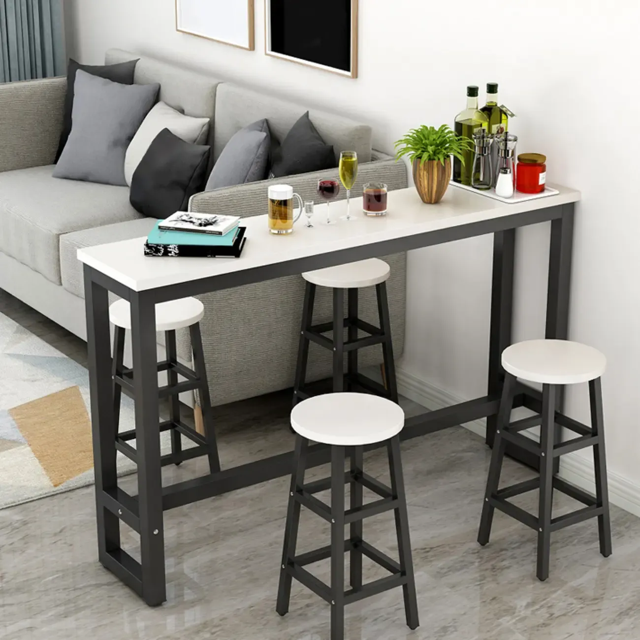 Elegant White Narrow Bar Table with Metal Footrest for Modern Home Decor