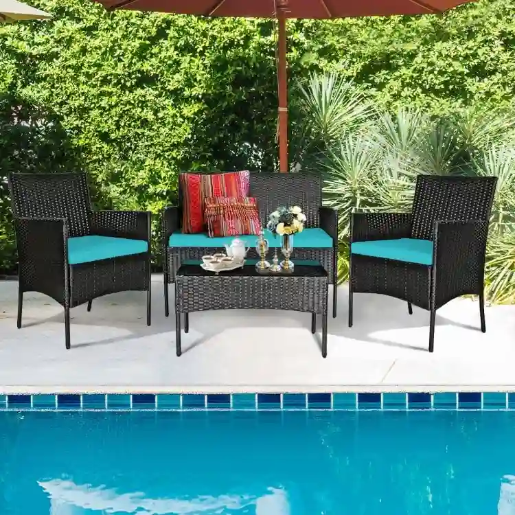 4 Pieces Patio Rattan Cushioned Sofa Set with Tempered Glass Coffee Table - 24 x 23.5 x 33 (L x W x H)