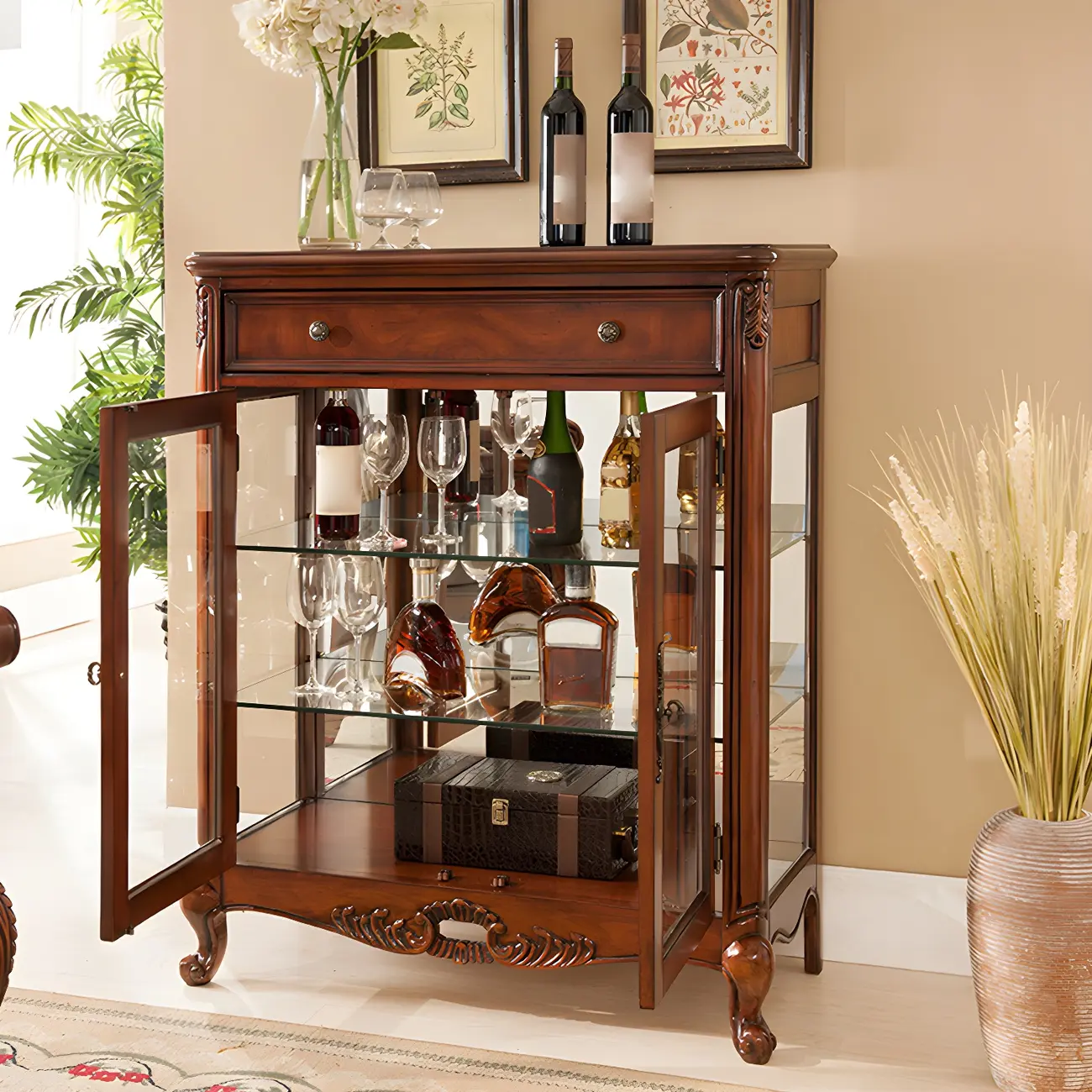 Traditional Wood Brown Glass Shelf Display Cabinet