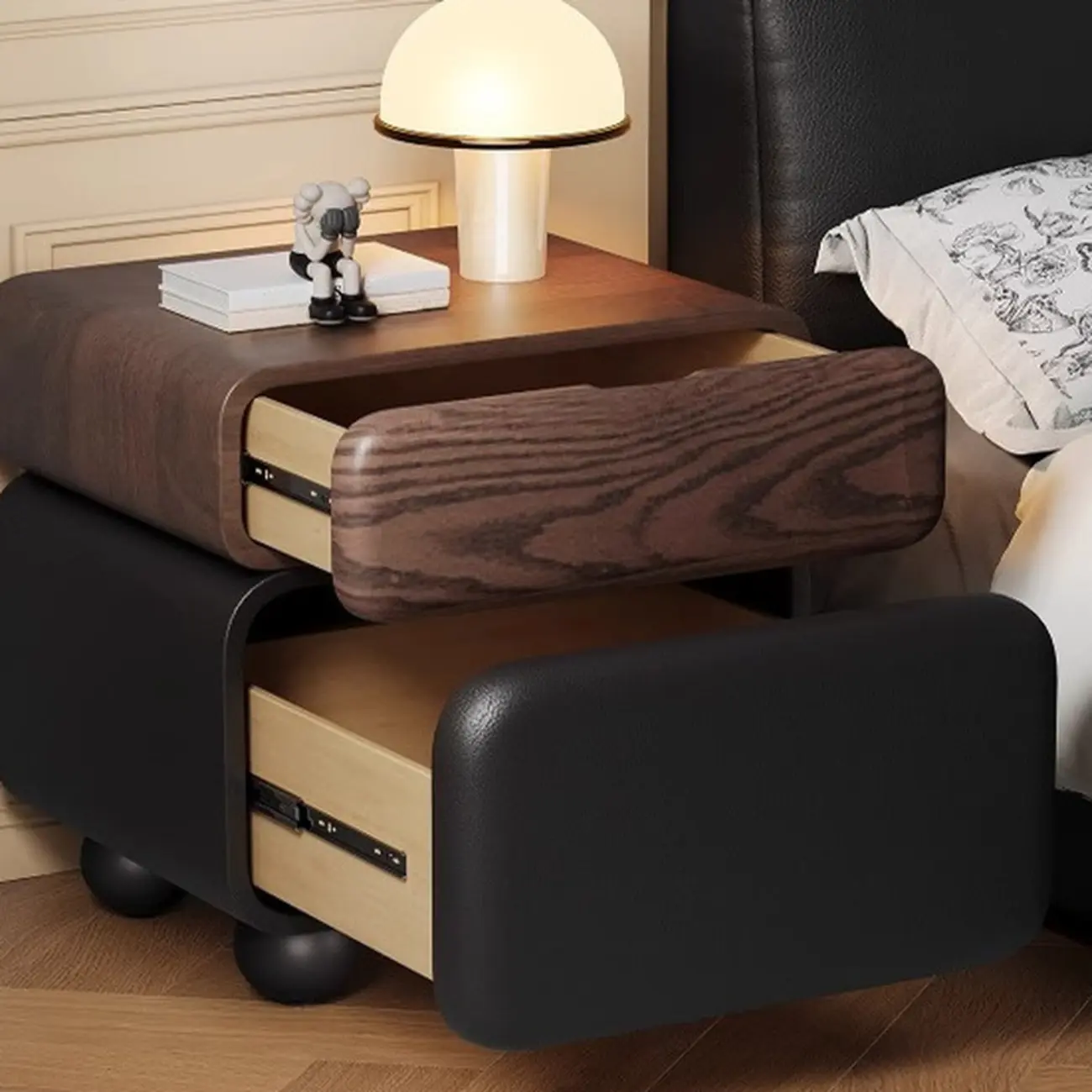 Black Walnut Finish Faux Leather 2-Drawer Nightstand