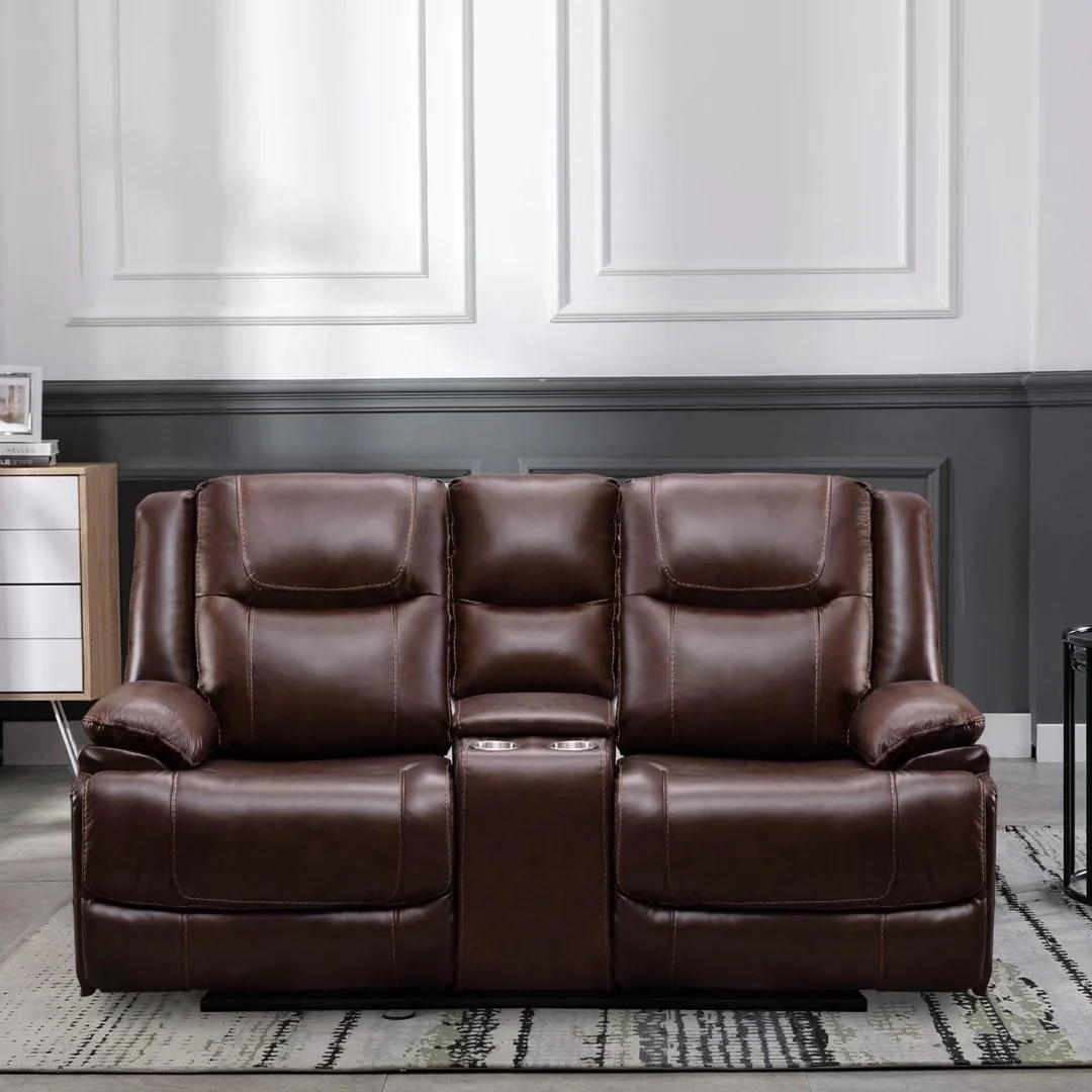 Genuine Leather Mid-century Modern Style Manual Recliners Sofa Set
