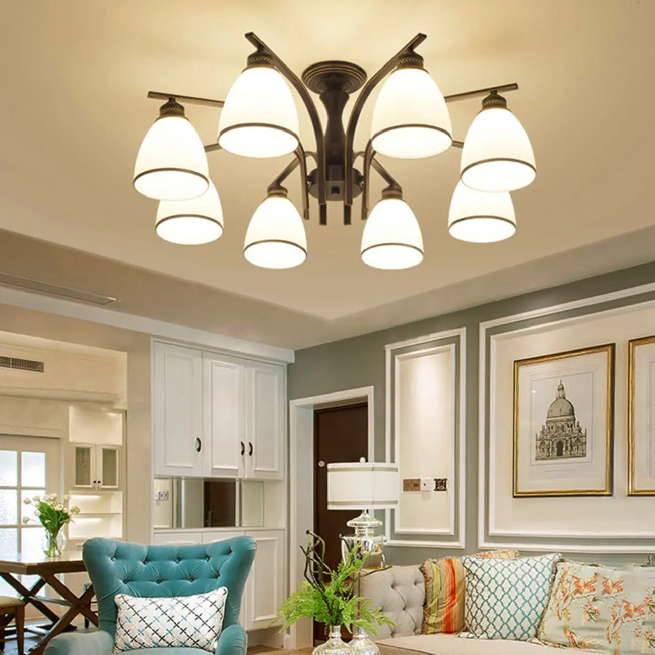 Traditional Black Cylinder Glass Semi-Flush Mount Ceiling Light