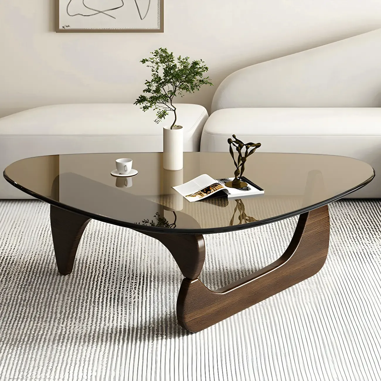 Modern Triangle Glass Coffee Table Wooden Base