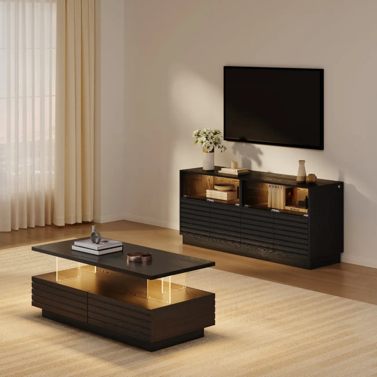Modern Black Rectangular Wooden LED TV Stand