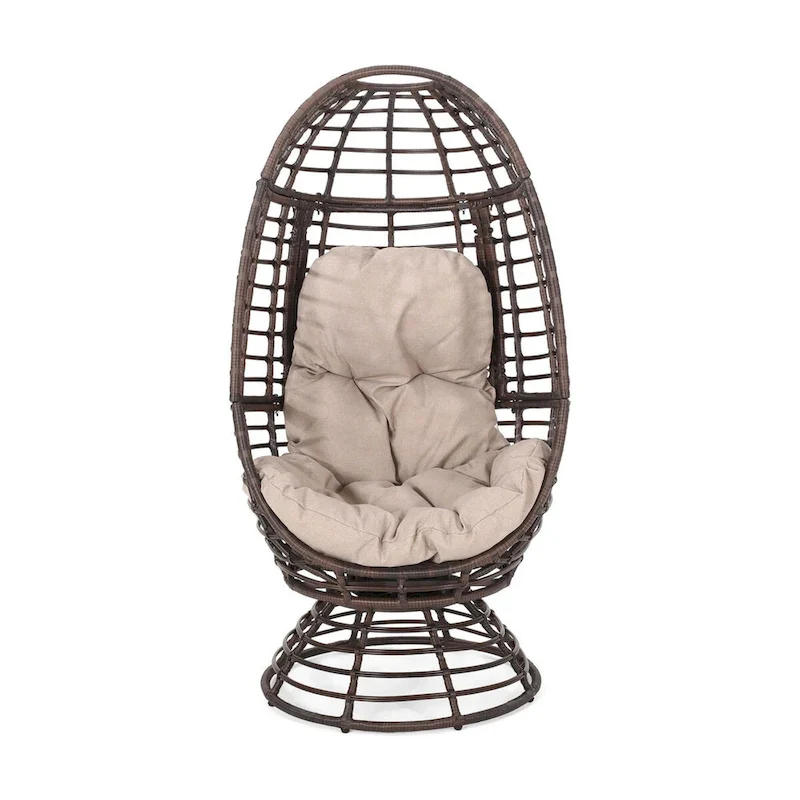 Oaks Aura Abstract Mesh Design Wicker Chair, Handcrafted Woven Rattan Swivel Egg Shape Chair, Basket Shape Chair With Cushion