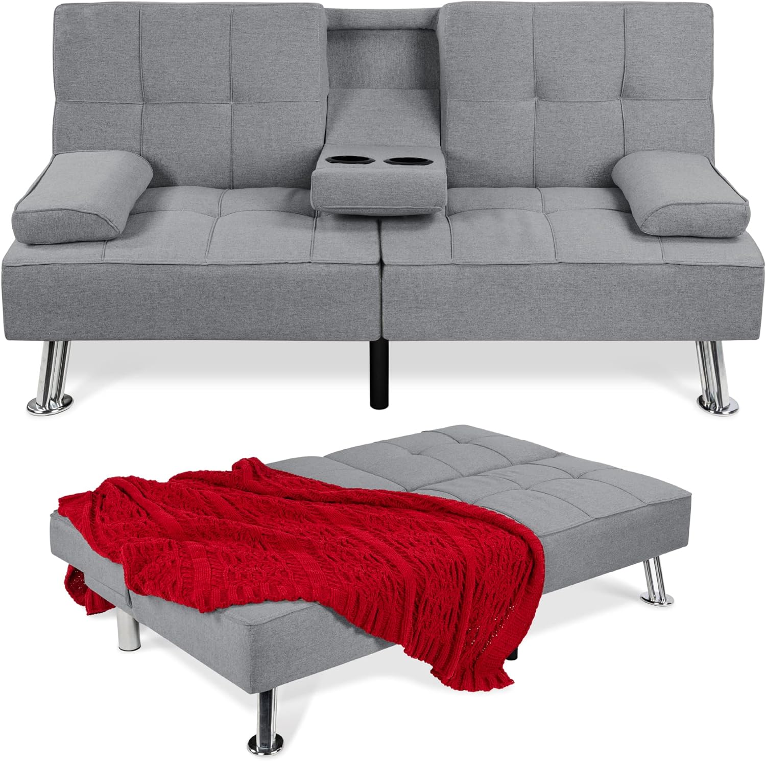 A modern linen upholstered futon in a living room.