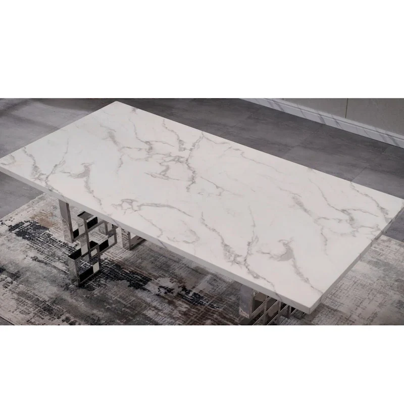 Luxury White Faux Marble Dining Table with 78 inch Top and Metal Base