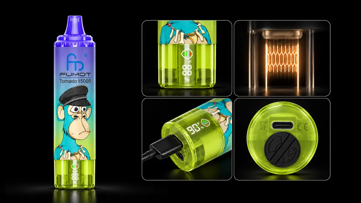 FUMOT Tornado 15000 Blueberry Bubblegum – Detailansichten von Display, Heizsystem, USB-C-Anschluss und Luftregulierung