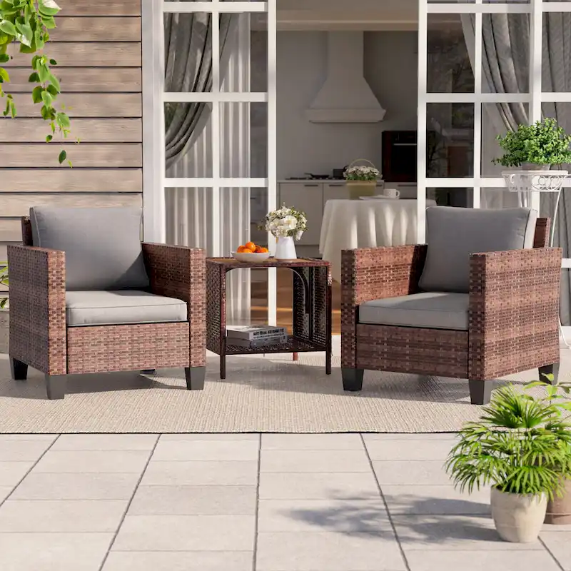 BONOSUKI 3-Piece Patio Sofa Set Brown Rattan with Side Table