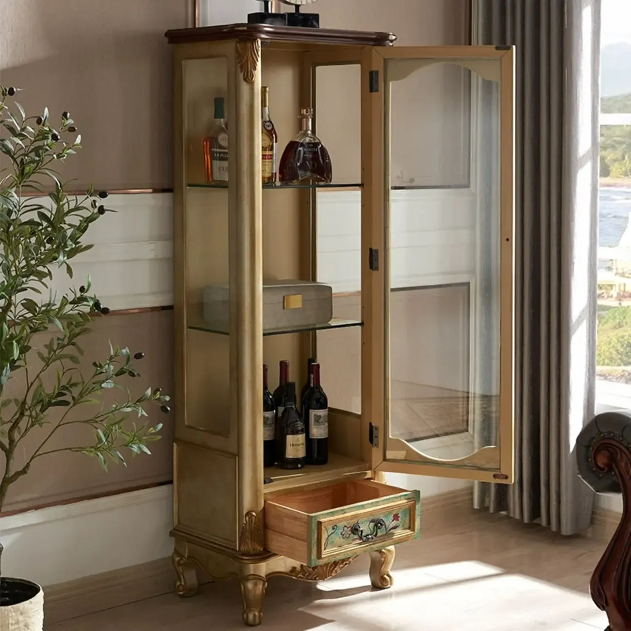 Traditional Tall Wood Blue Glass Shelf Display Cabinet