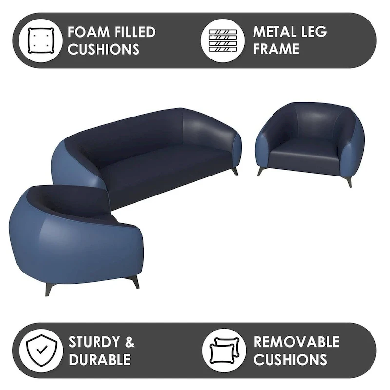 3-Piece Sofa Set Upholstered PU Leather with Solid Wood Frame and Steel Legs Opula Series by LeisureMod