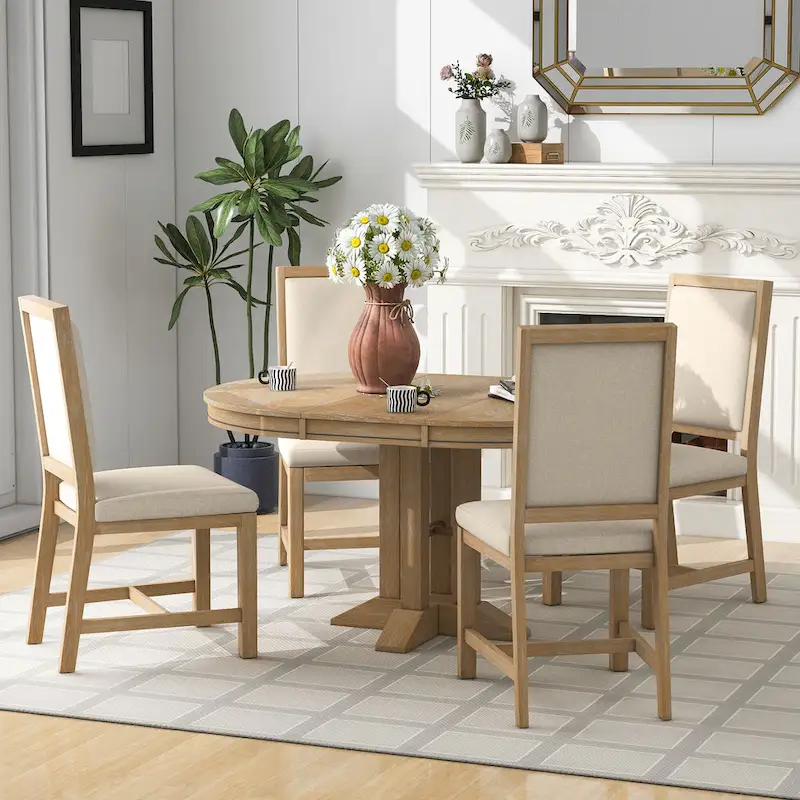 5 Pcs Wood Kitchen Furniture Set, Extendable Round Dining Table Set with Removable Leaf and 4 Upholstered Chairs