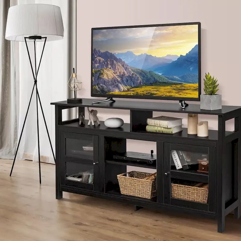58 TV Stand Entertainment Console W/ 2 Cabinets Up to 65 Black - 58 inches